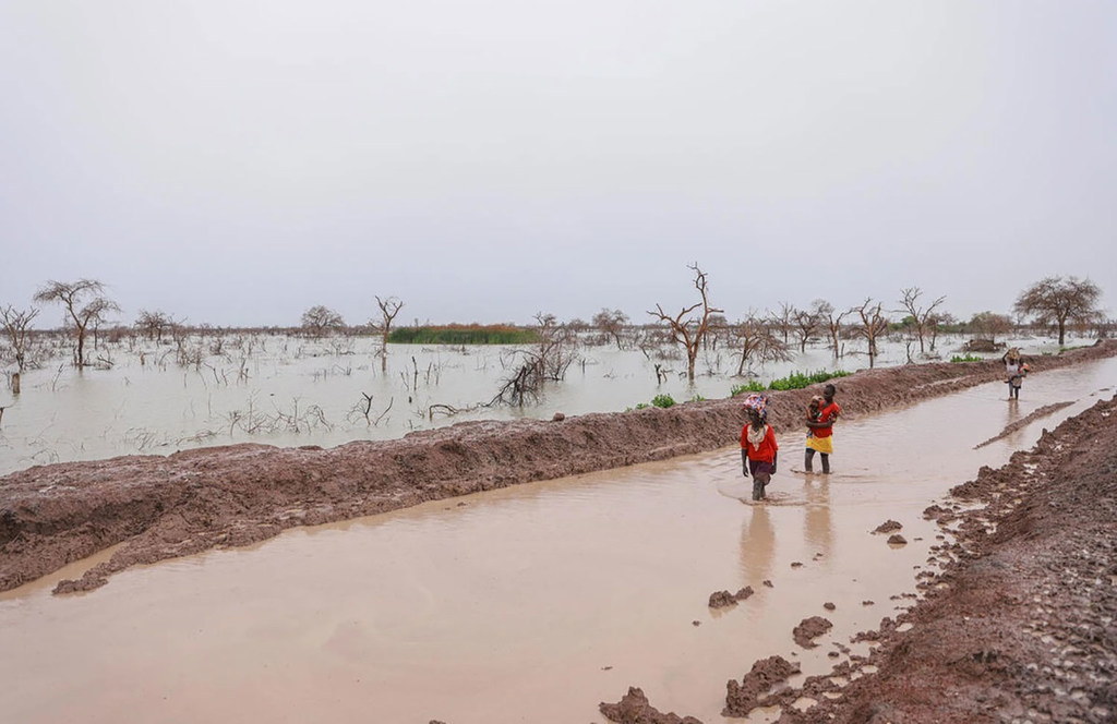 People displaced by flooding carry children and belongings along a waterlogged road in Bentui, South Sudan. (file)